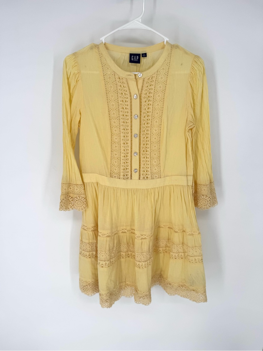 GAP butter Yellow Eyelet Lace long sleeve whimsy cottagecore Mini Dress - Picture 3 of 8